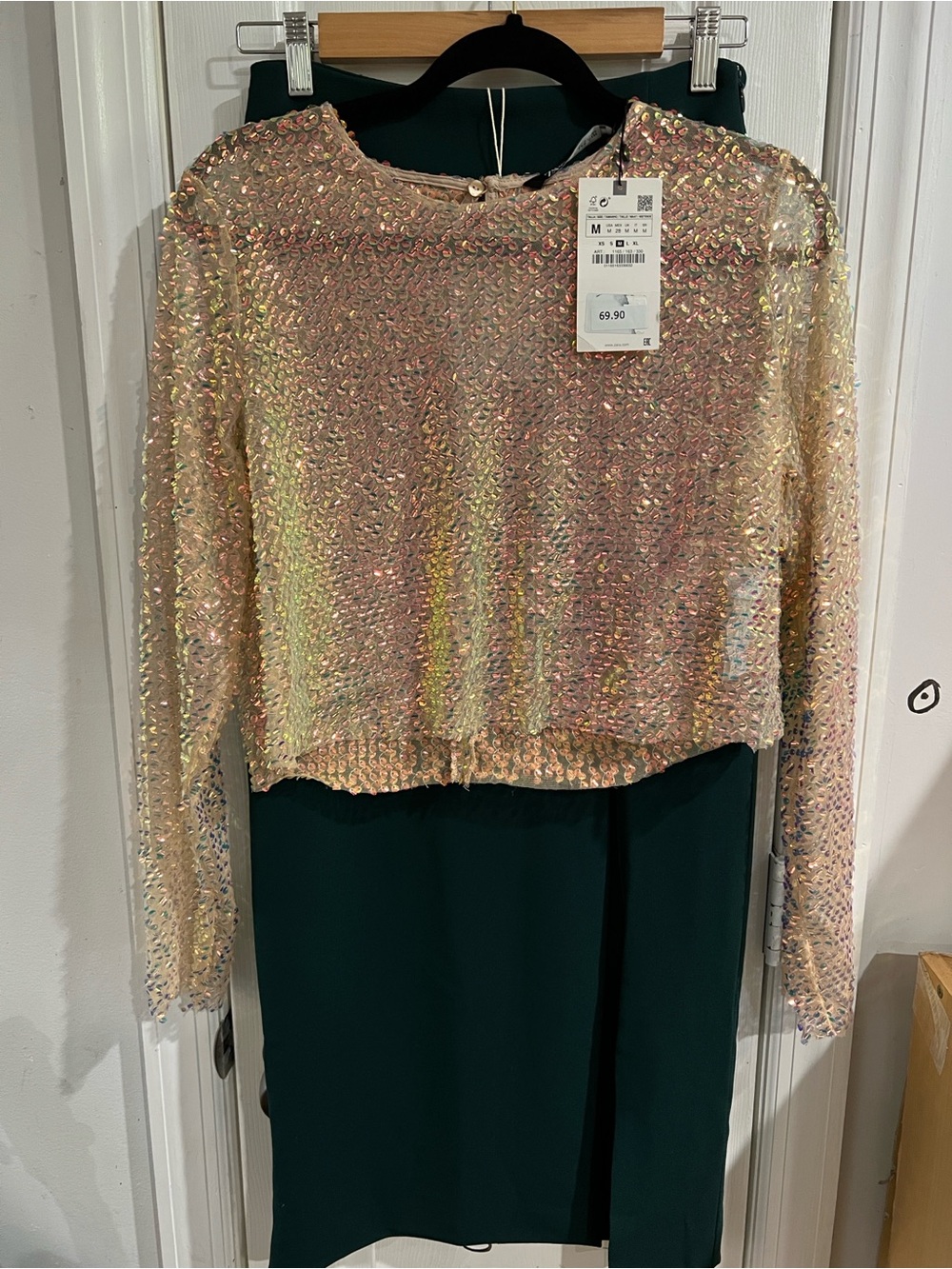 Zara Iridescent Sequin Long-Sleeve Crop Top - Champagne Pink